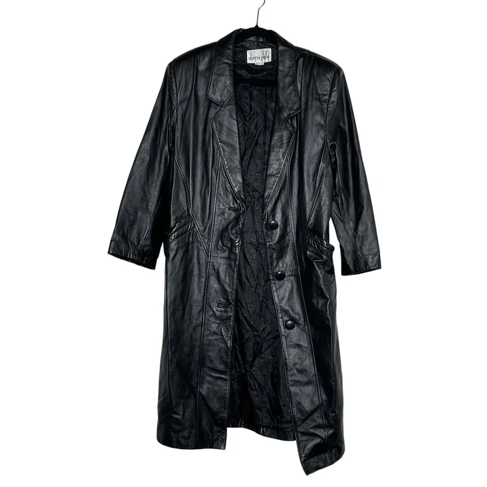 Vintage Donna Pelle PM Black Leather Long Trench Coat Grunge Emu Mobwife Matrix - Picture 2 of 8